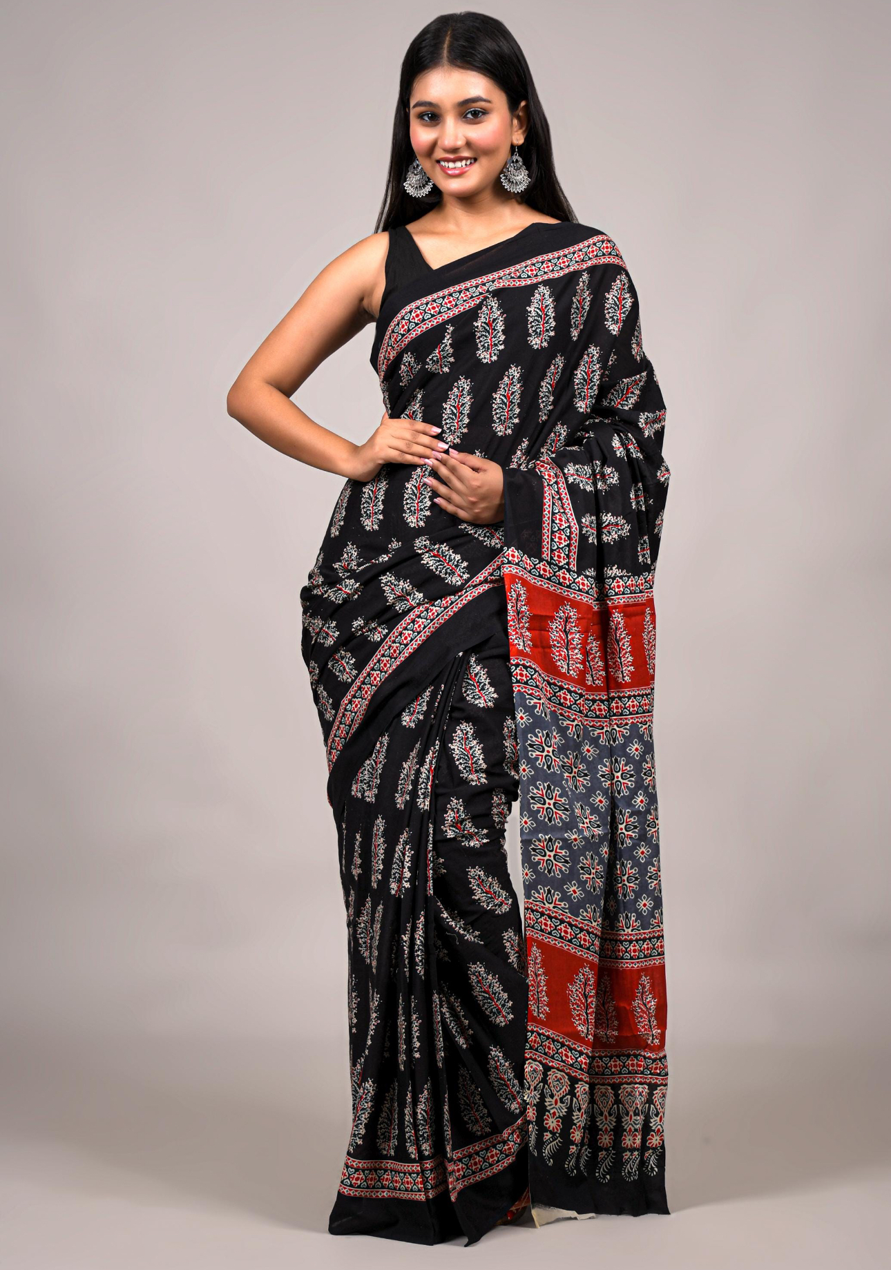 Black & Red  Block Print Cotton Saree