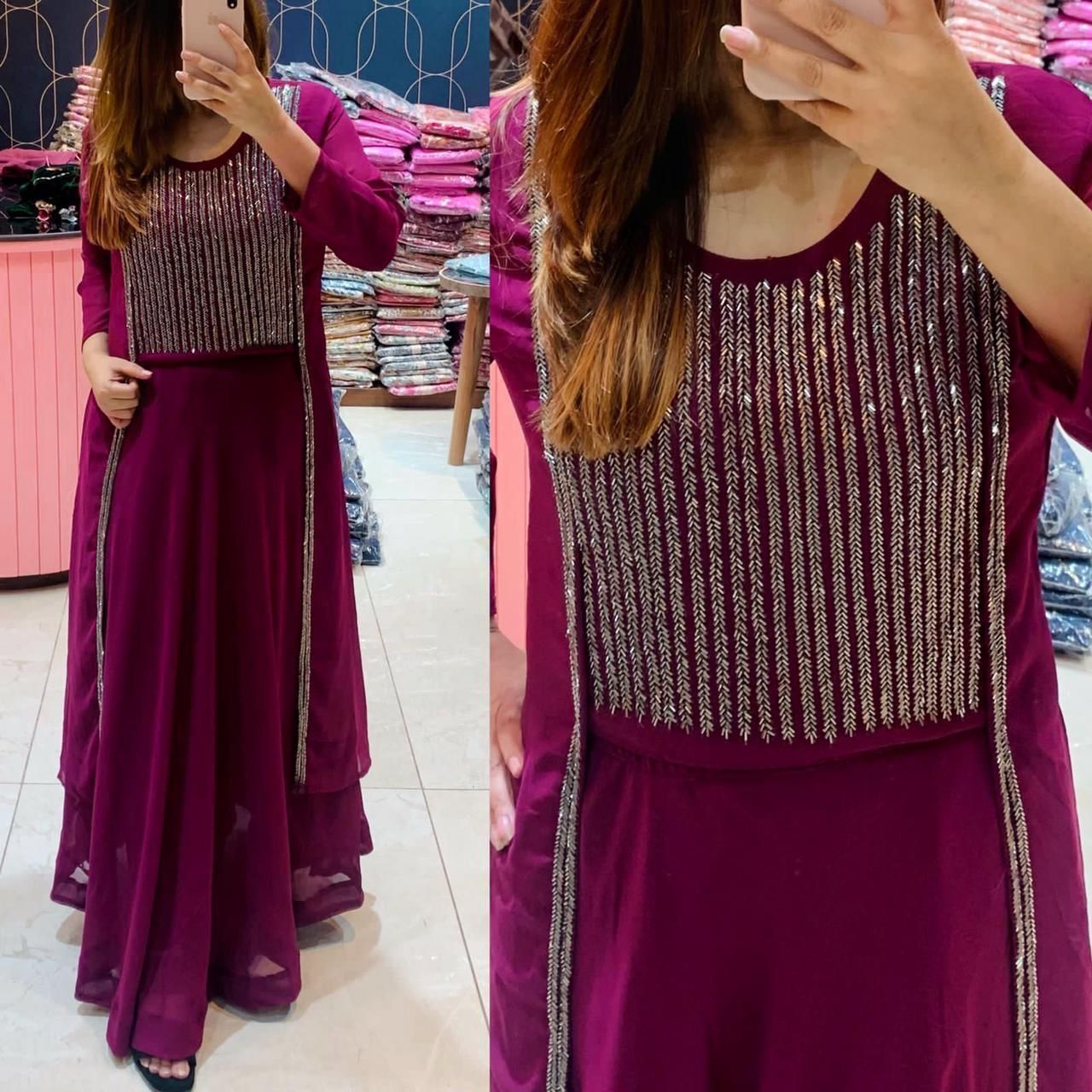 Designer Shrug Top & Skirt - Wine - Size -42”