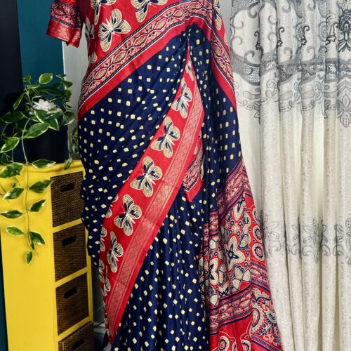 Red & Navy blue bandini ajrakh printed saree