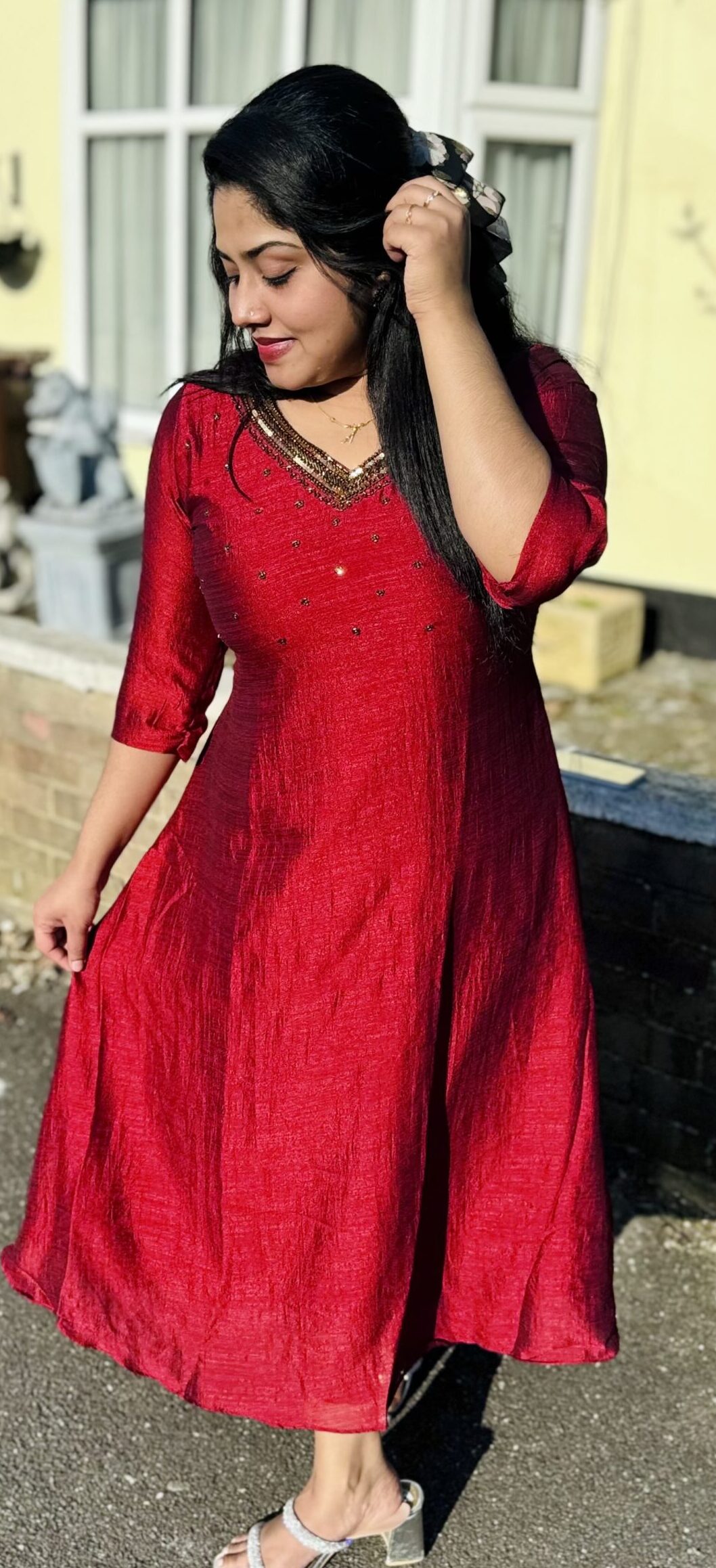 Designer Handwork  A-Line Kurthi  - Maroon