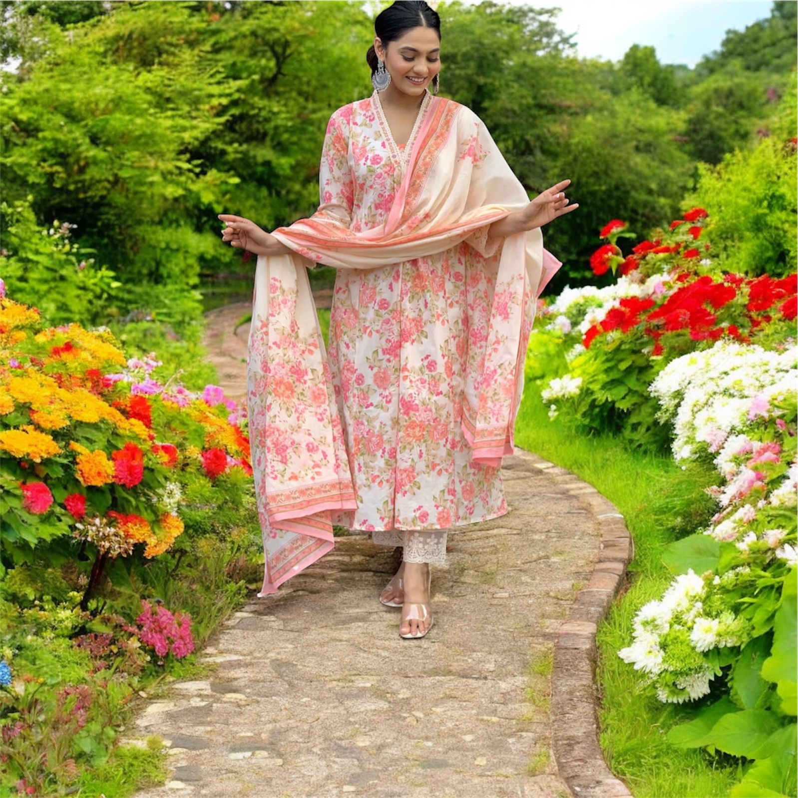 Cotton Floral Print Anarkali Kurthi Set