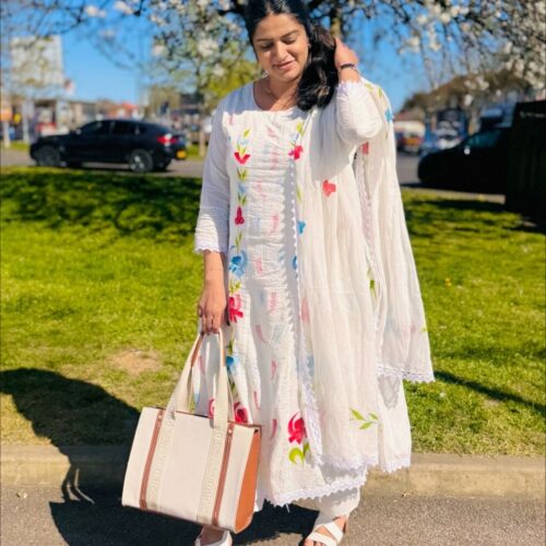 Cotton Floral Hand Painted Anarkali Kurthi Set - White