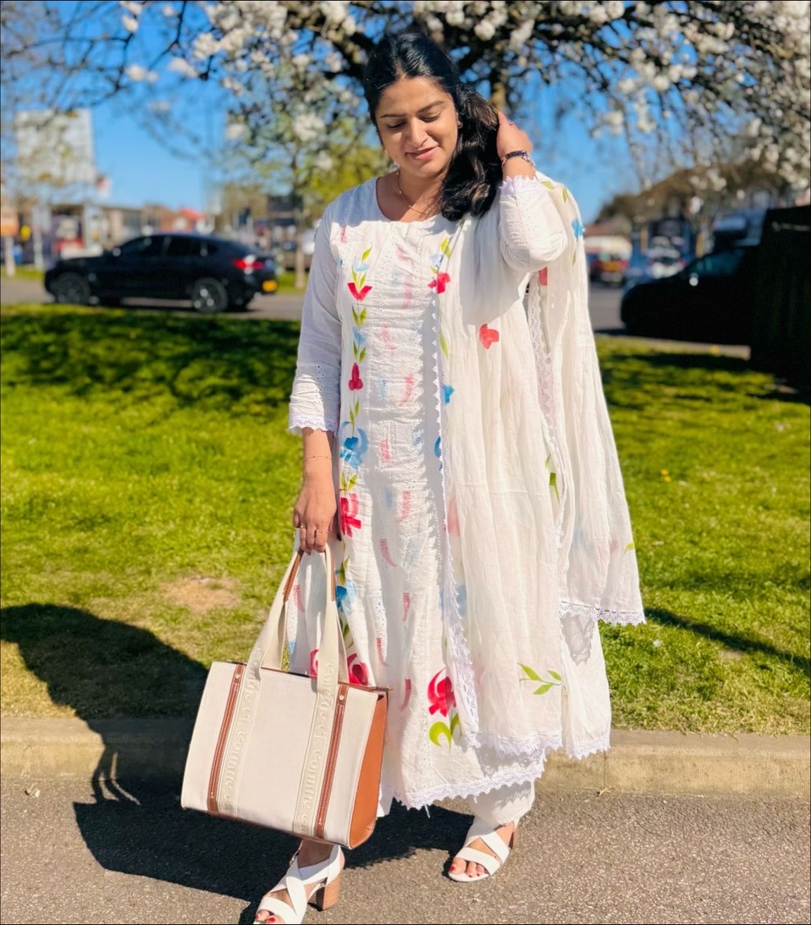 Cotton Floral Hand Painted Anarkali Kurthi Set - White