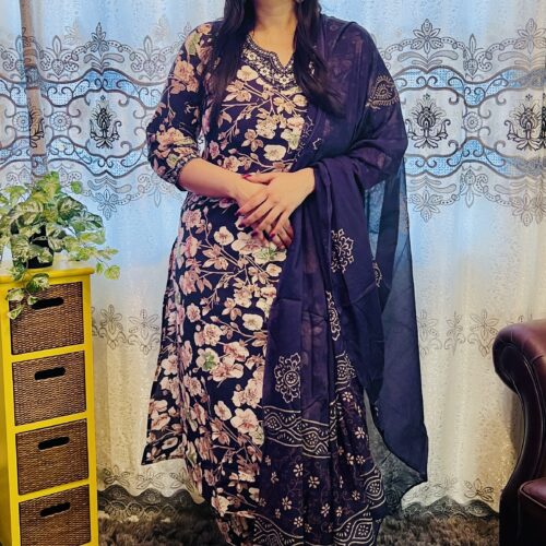 Navy Blue Floral Cotton Salwar Set