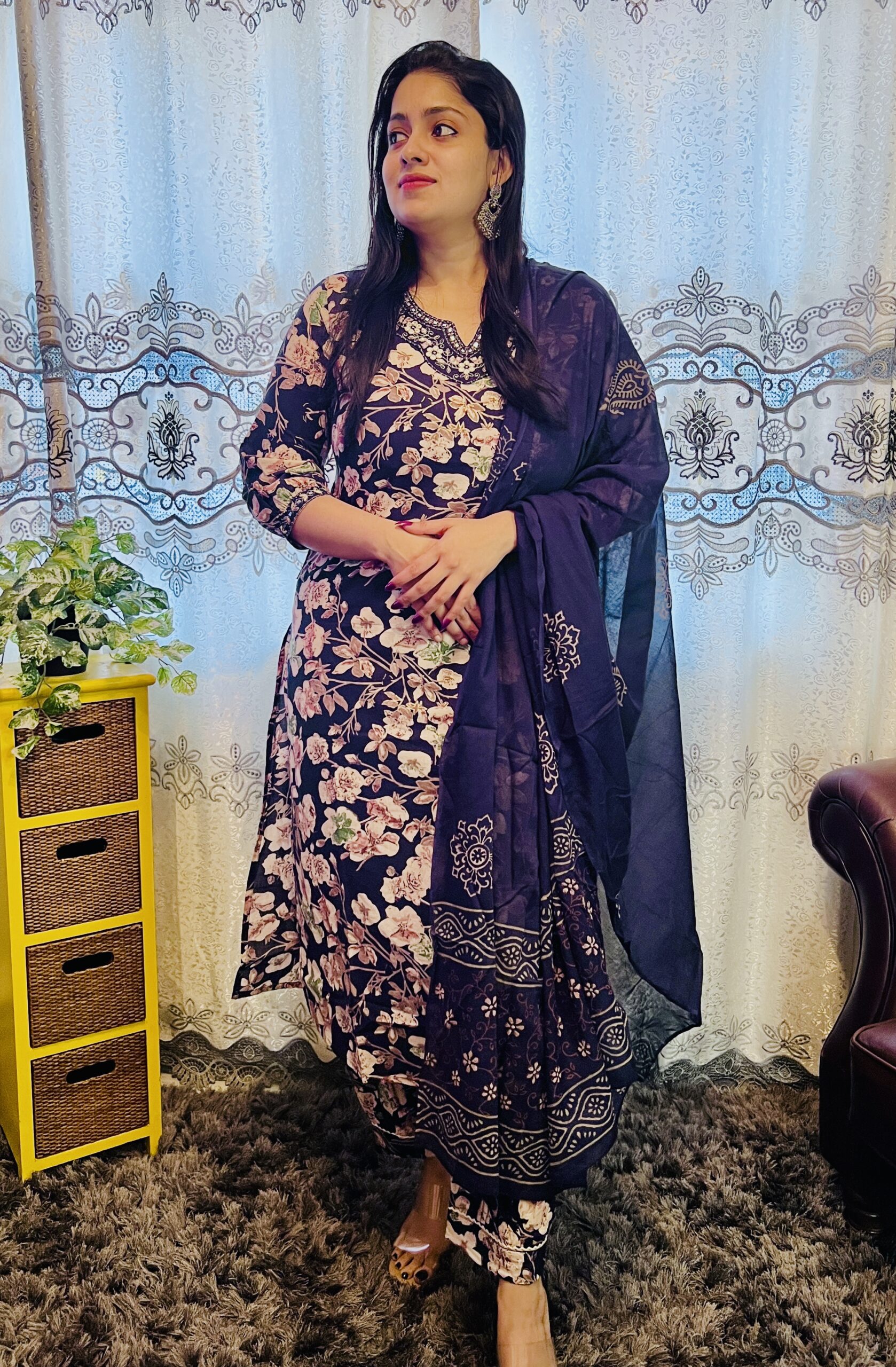 Navy Blue Floral Cotton Salwar Set