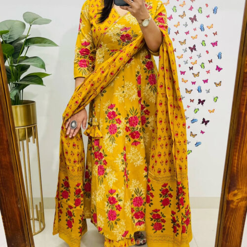 Cotton Floral Anarkali Kurthi Set - Mustard Yellow