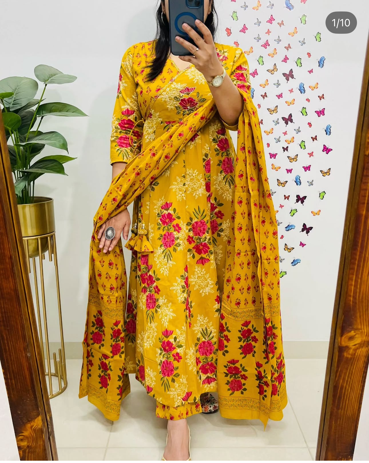Cotton Floral Anarkali Kurthi Set - Mustard Yellow