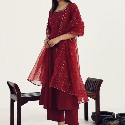 Viscose Chanderi Anarkali Kurthi Set - Maroon