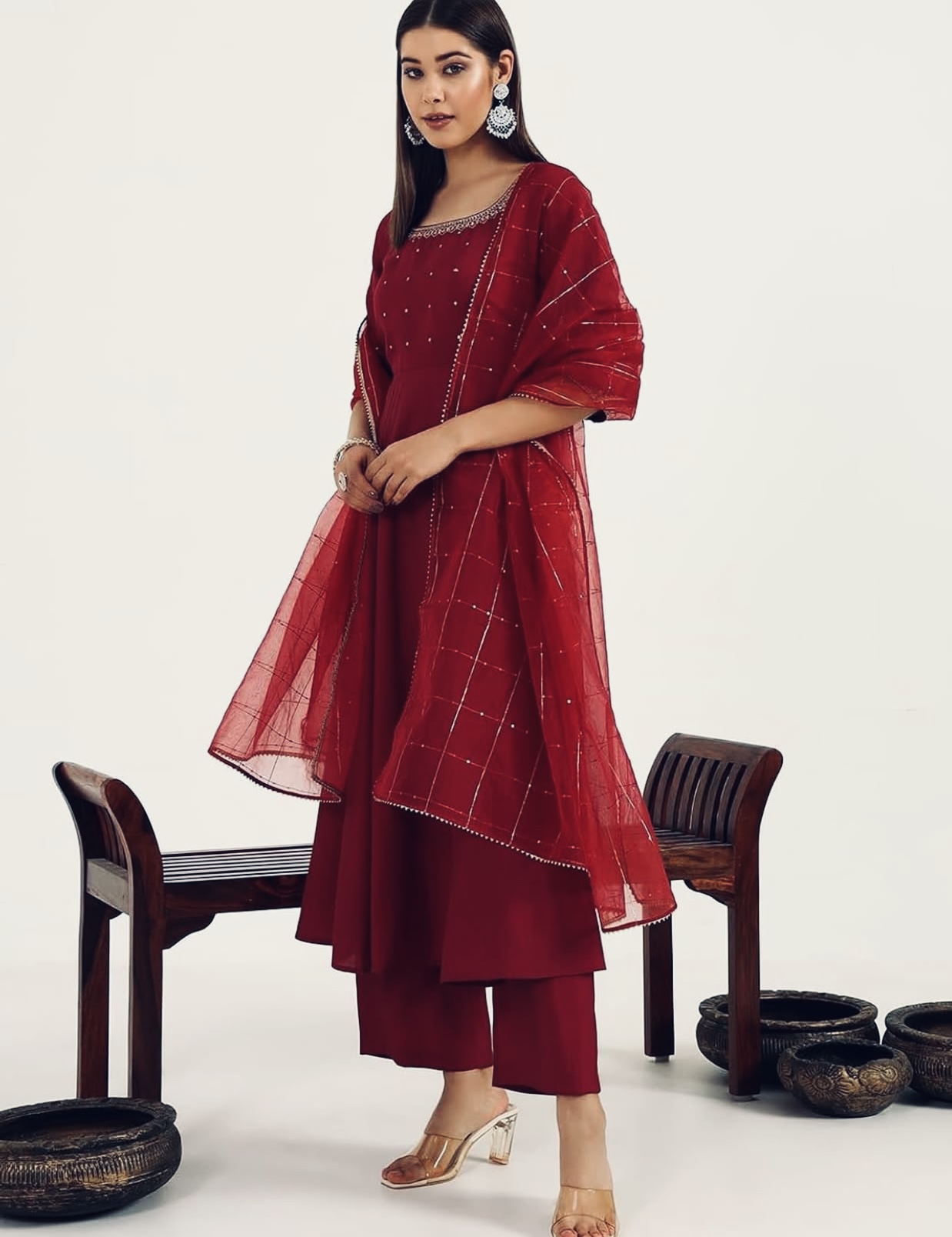 Viscose Chanderi Anarkali Kurthi Set - Maroon
