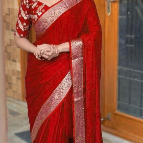 Viscose chinon Silk Saree with beautiful Zari border - Red