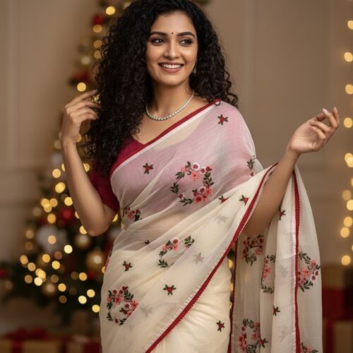 Multi Thread Embroidery Chinnon Saree - Off-White