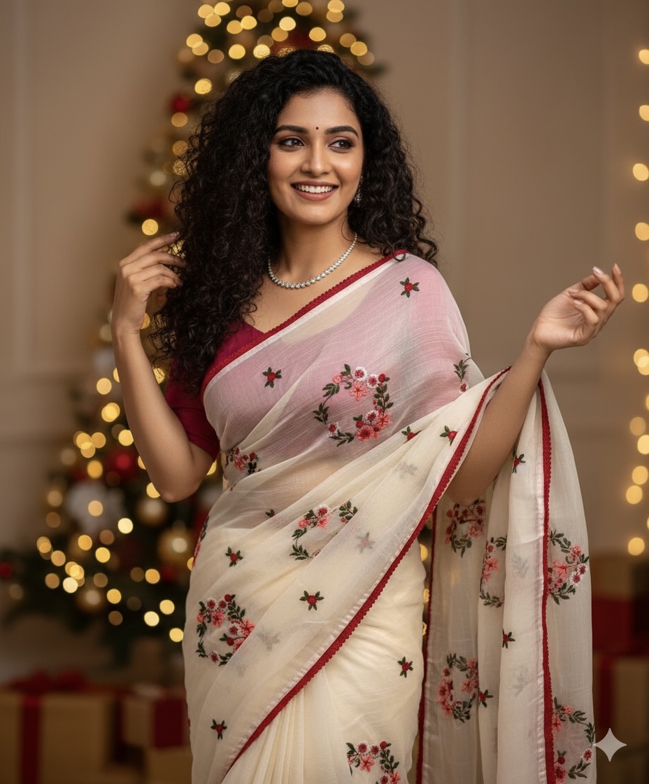 Multi Thread  Embroidery Chinnon Saree - Off-White