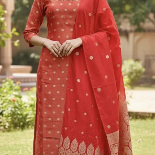 Orange-Peach Silk Blend Kurta Set with Banarasi Dupatta