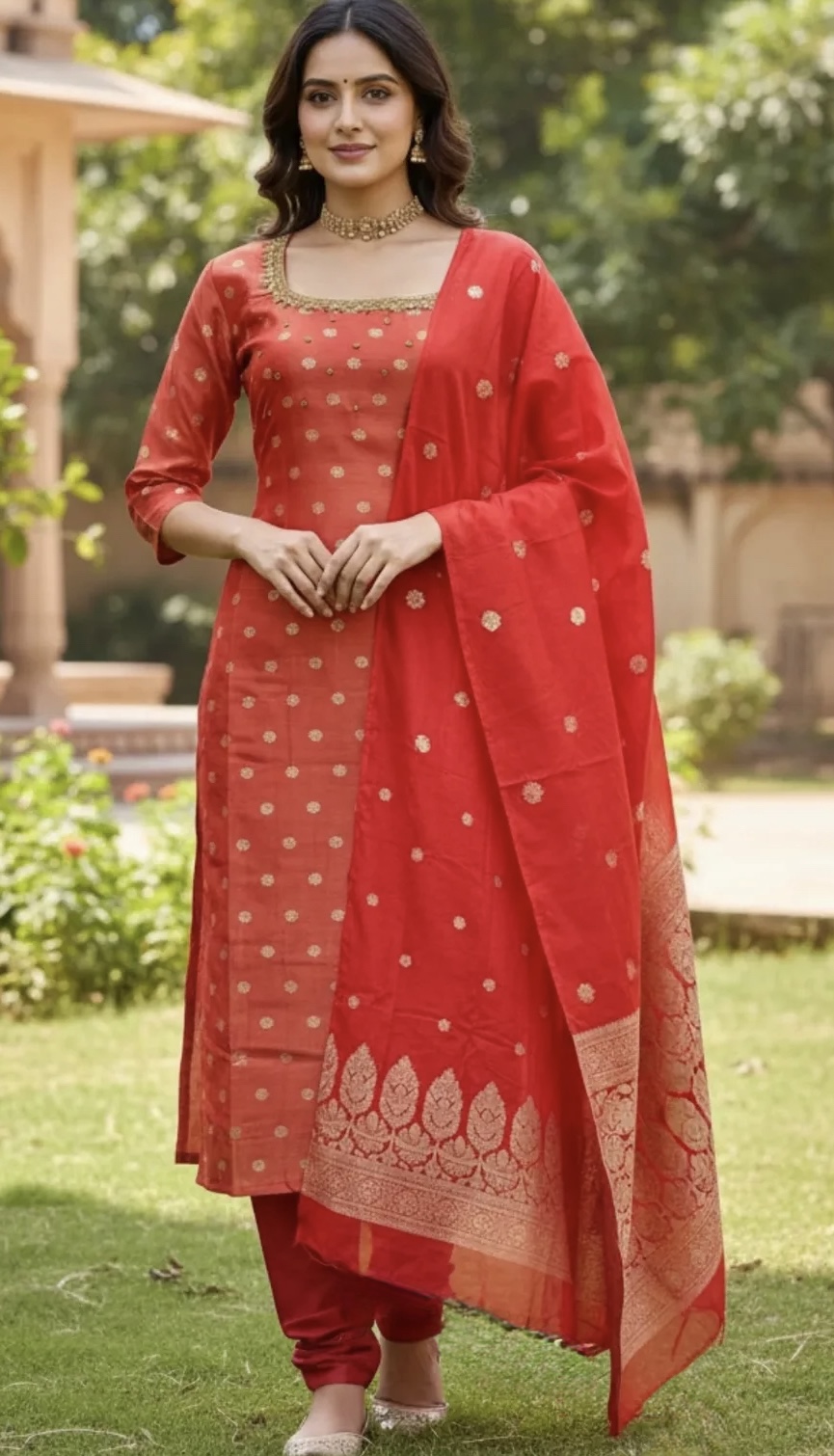 Orange-Peach Silk Blend Kurta Set with Banarasi Dupatta