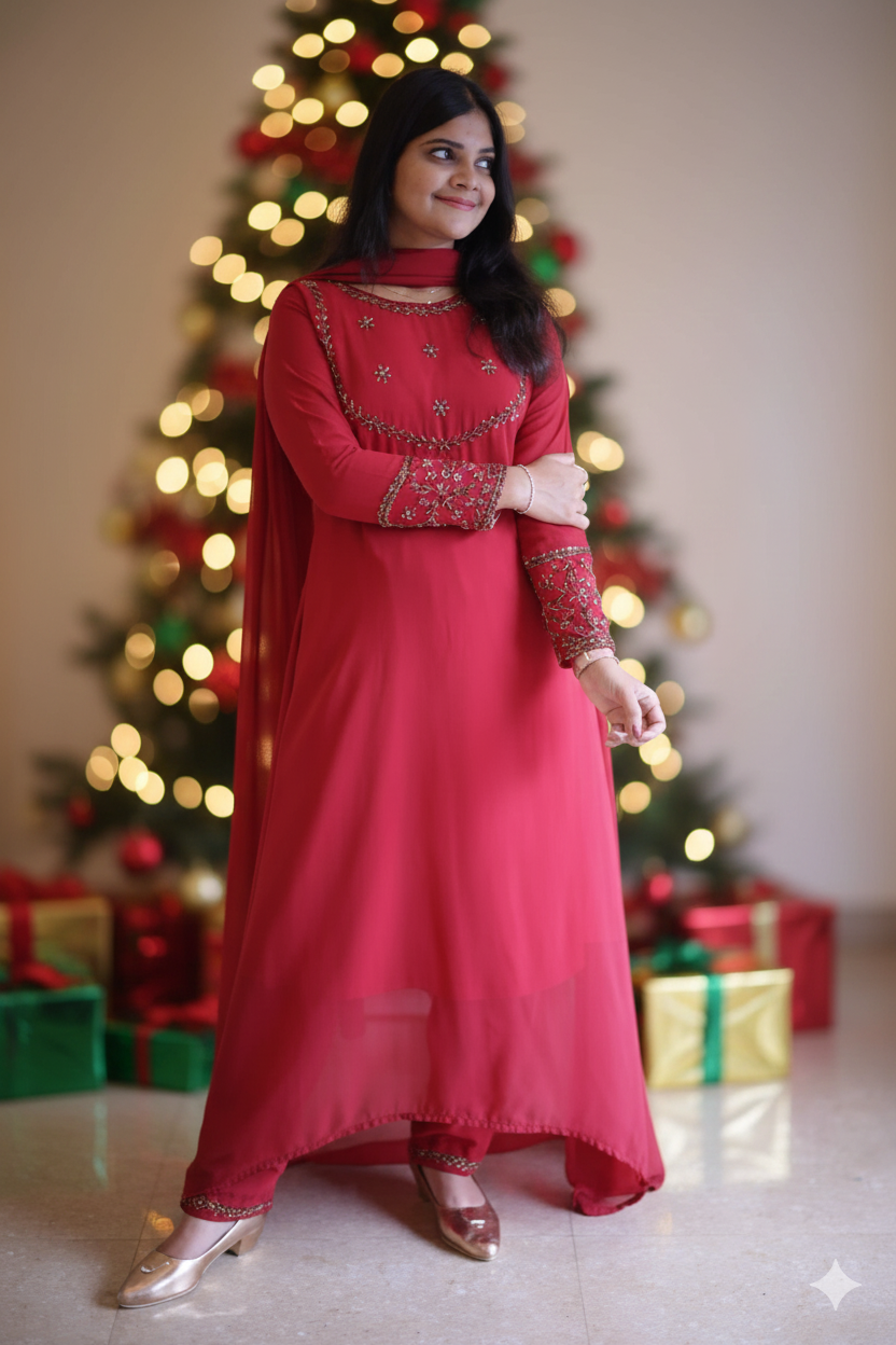 Handworked Salwar Set - Maroon Red