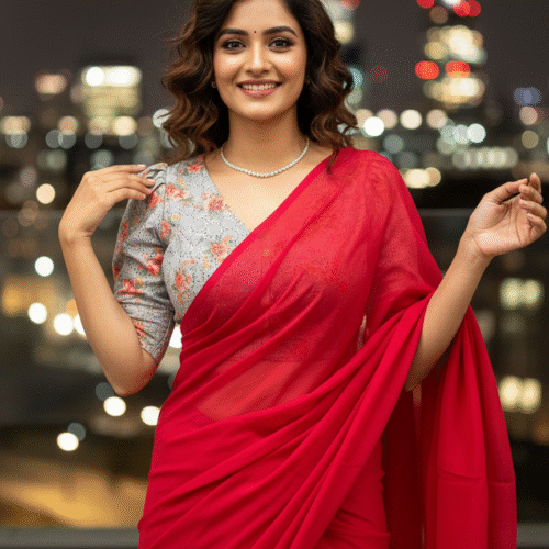 Red Shimmery Georgette  Saree With Grey Hakoba Blouse