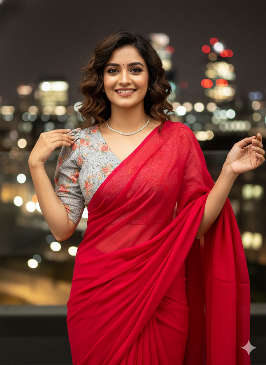 Red Shimmery Georgette  Saree With Grey Hakoba Blouse