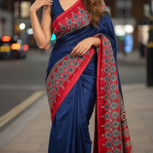 Blue & Maroon Red Ajrakh Print Modal Saree