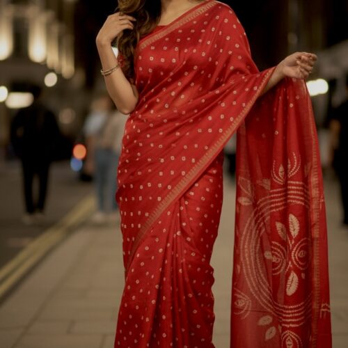 Bandhini Print Tusser Silk Saree with Stitched Blouse - Red