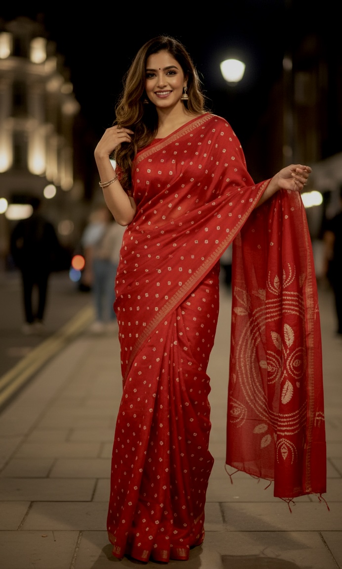 Bandhini Print Tusser Silk Saree with Stitched Blouse - Red