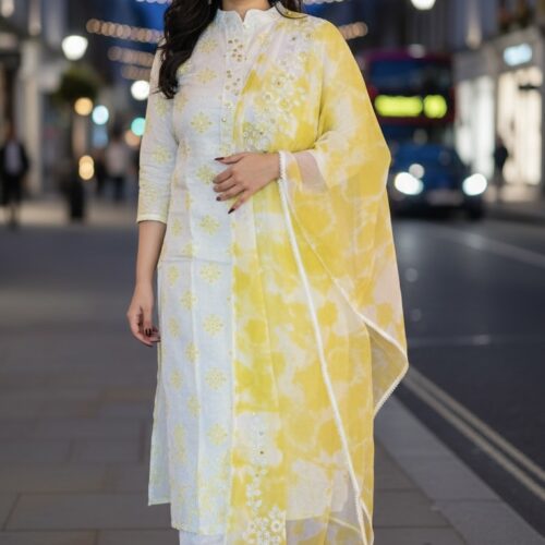 Designer Off White & Pastel Olive Green Beads Work Salwar Set