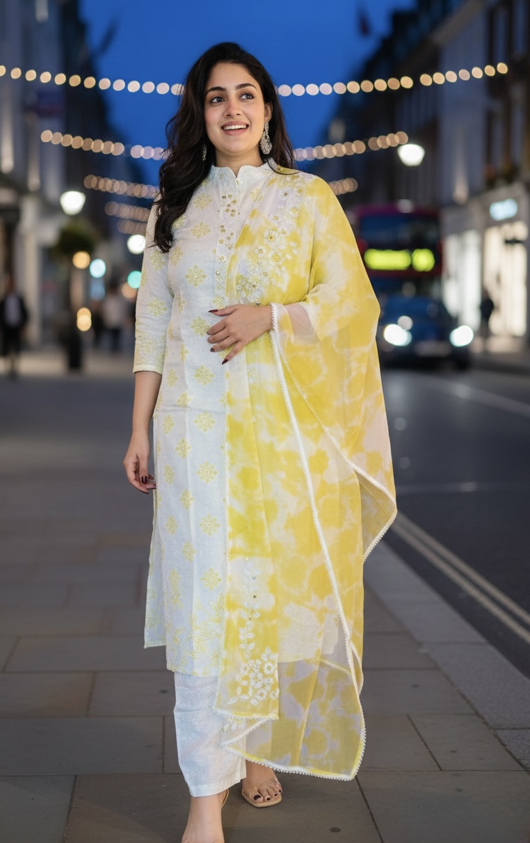 Designer Off White & Pastel Olive Green Beads Work Salwar Set