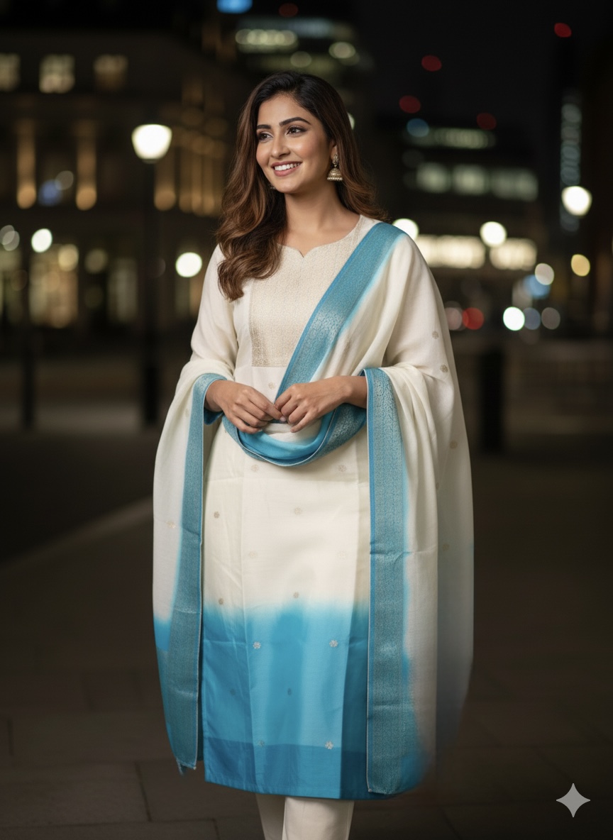 Premium Dola Silk Ombre Salwar Set - Teal Blue