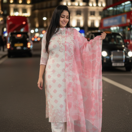 Designer Off White & Baby Pink Beads Work Salwar Set