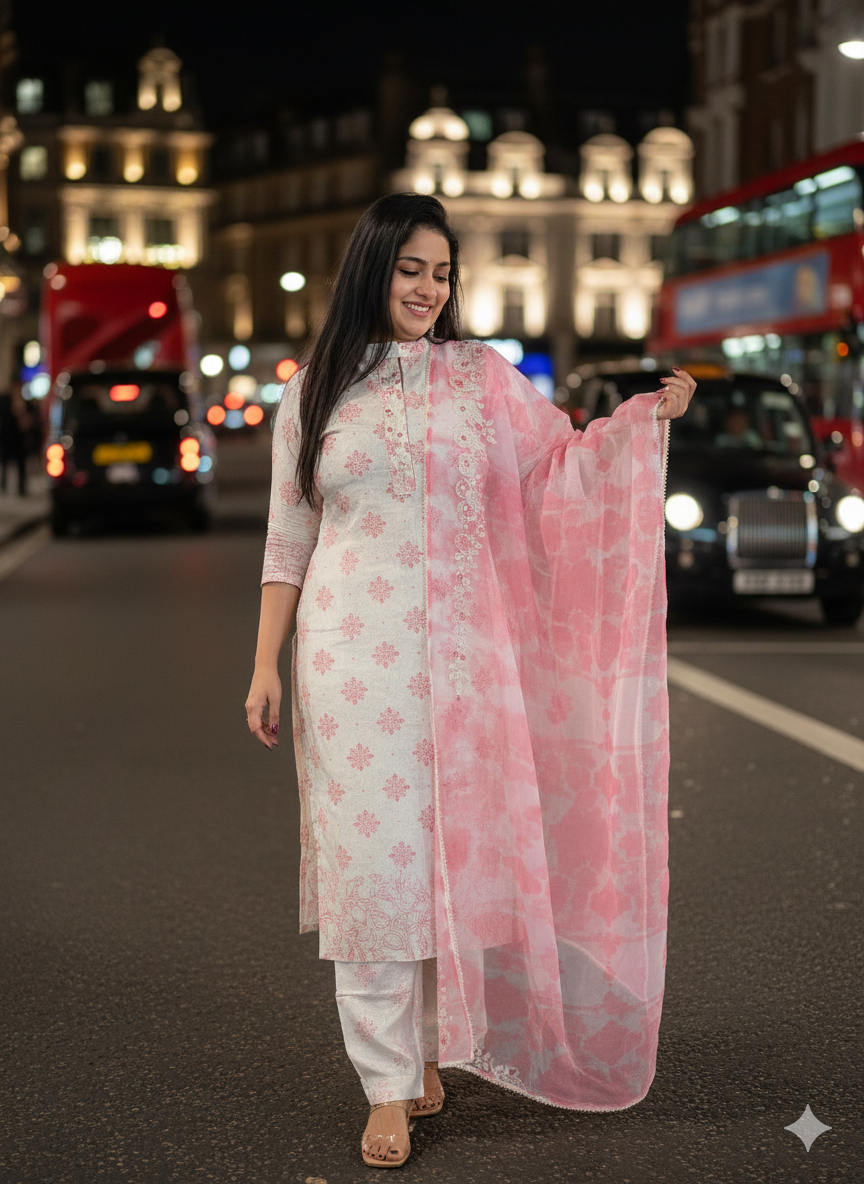 Designer Off White & Baby Pink Beads Work Salwar Set