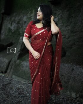 Viscose Chinon Floral Butti Saree -Maroon - with stitched blouse