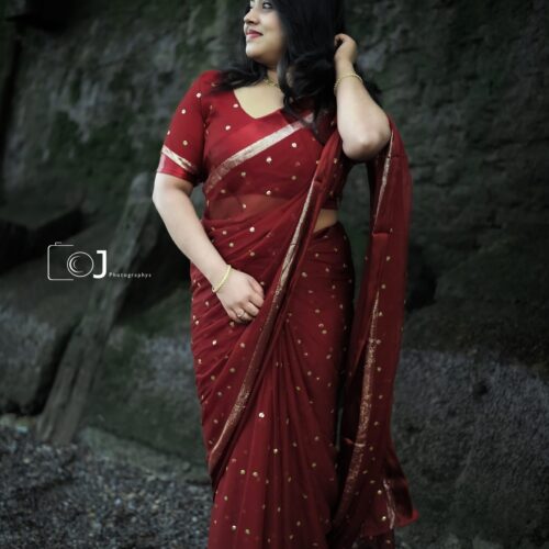 Viscose Chinon Floral Butti Saree -Maroon - with sleeveless stitched blouse