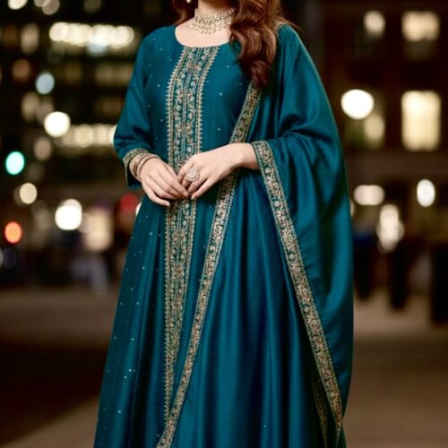 Designer Panel-Cut Vichitra Silk Suit with Handcrafted Zardozi - Teal Green