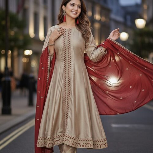 Elegant Champagne and Maroon Anarkali Suit