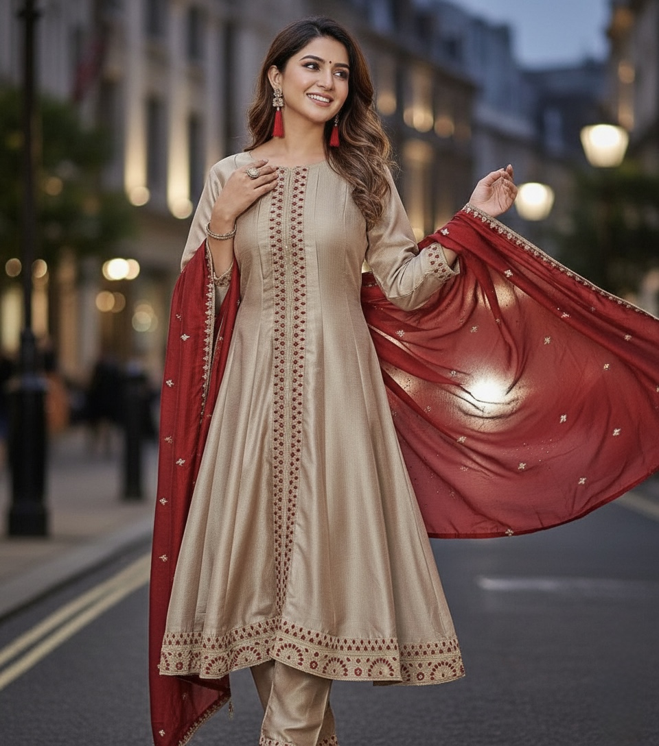 Elegant Champagne and Maroon Anarkali Suit