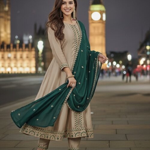 Elegant Champagne and Green Anarkali Suit