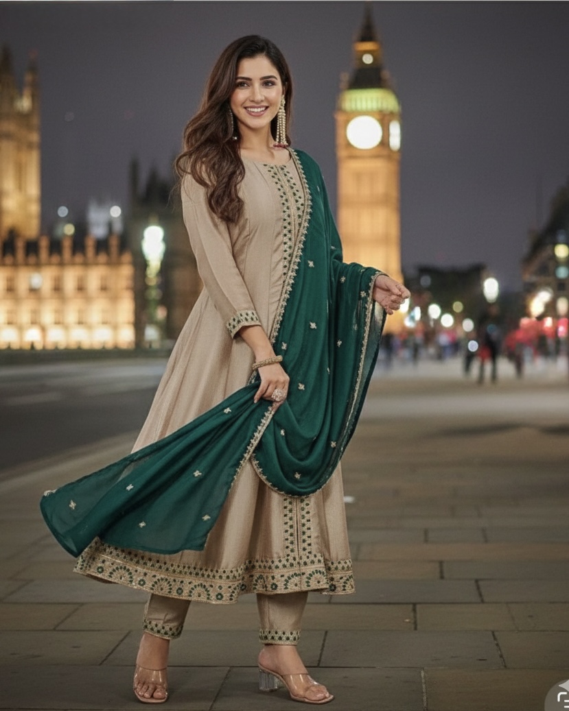 Elegant Champagne and Green Anarkali Suit