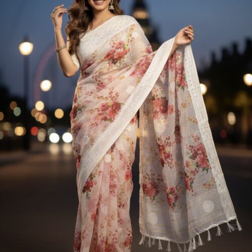 Lucknowi Floral Cotton Linen Saree