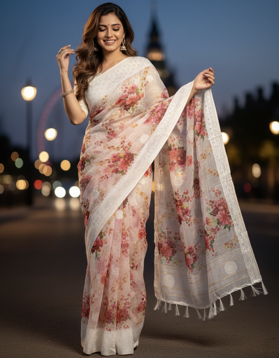 Lucknowi Floral Cotton Linen Saree