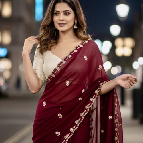 Maroon  Bloom Beads Georgette Saree