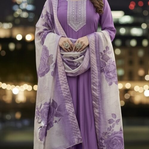Mul Chanderi Silk Panel Cut Salwar Set - Lavender