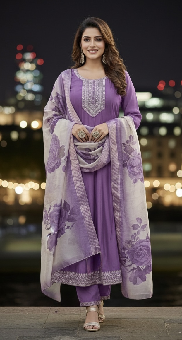 Mul Chanderi Silk Panel Cut Salwar Set - Lavender