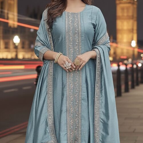 Designer Panel-Cut Vichitra Silk Suit with Handcrafted Zardozi - Dusty Blue