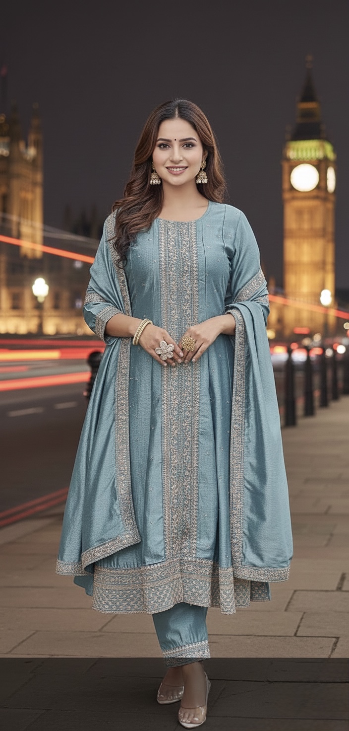 Designer Panel-Cut Vichitra Silk Suit with Handcrafted Zardozi - Dusty Blue