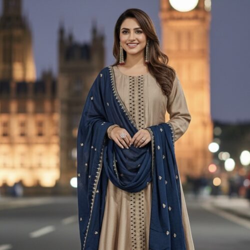 Elegant Champagne and Teal Blue Anarkali Suit