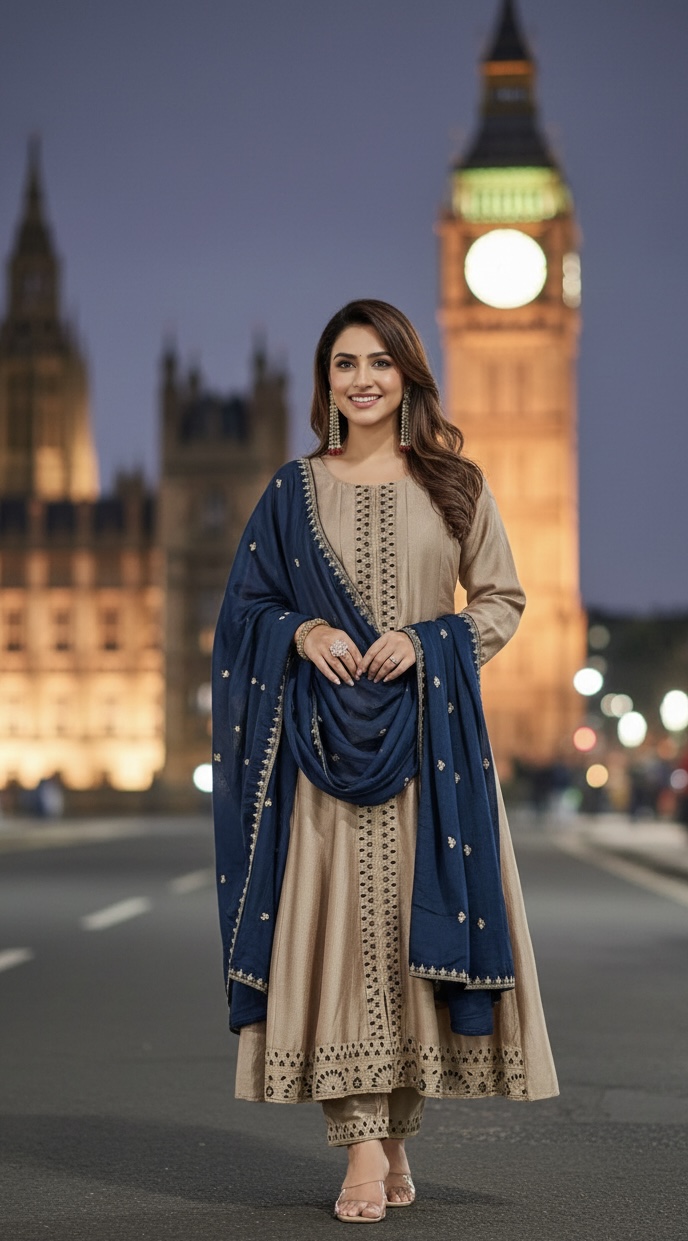 Elegant Champagne and Teal Blue Anarkali Suit