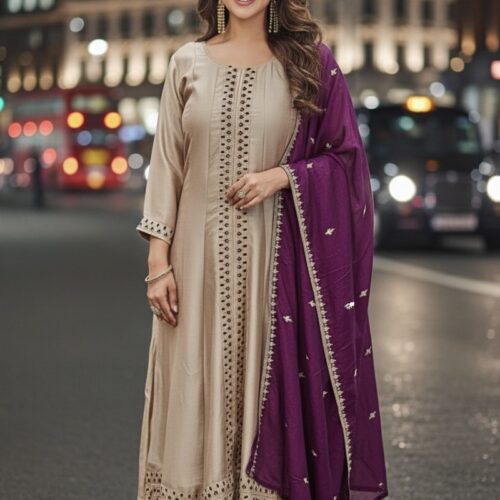 Elegant Champagne and Purple Anarkali Suit
