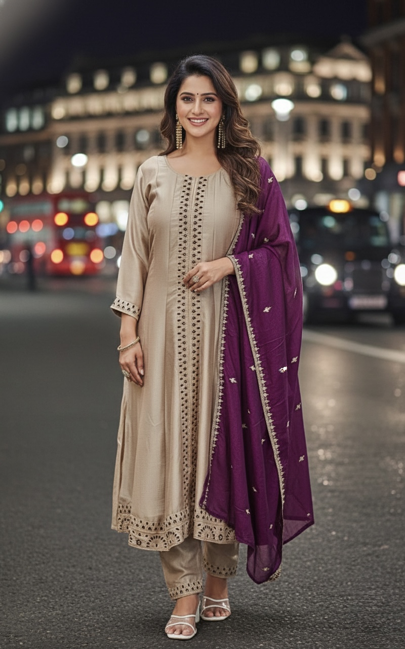 Elegant Champagne and Purple Anarkali Suit