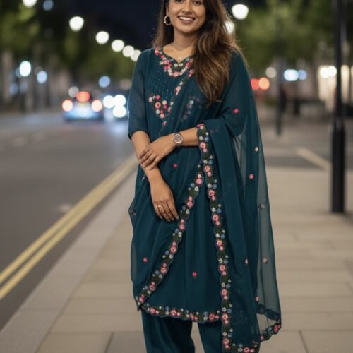 Georgette Floral Embroidery Salwar - Teal Blue