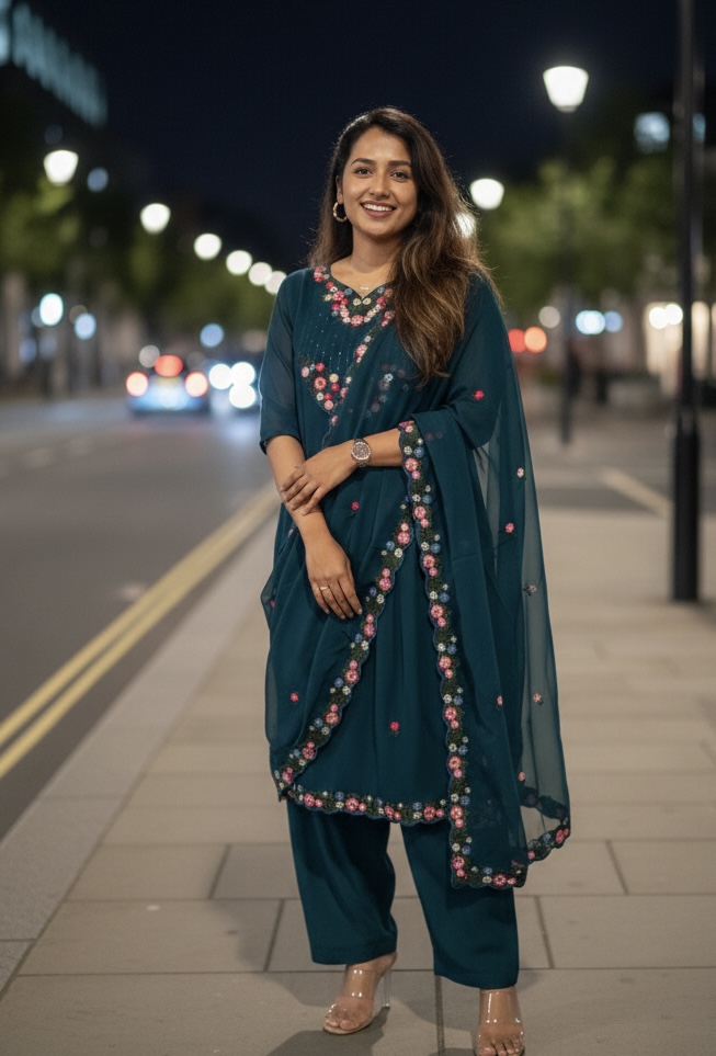 Georgette Floral Embroidery Salwar - Teal Blue