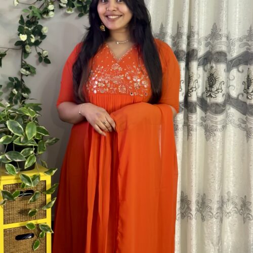Heavy Handworked Pleated Kurthi & Dupatta Set - Orange
